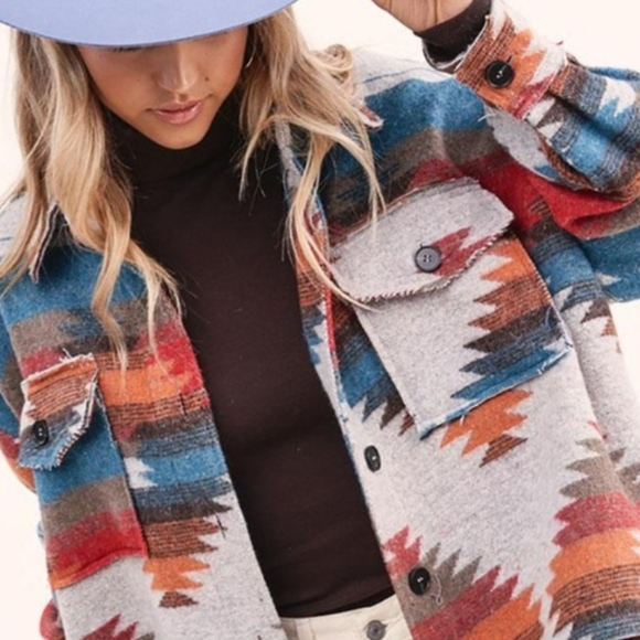 Distressed Yellowstone Aztec Native Flannel Jacket Coat Shacket Top Blue Red - Picture 9 of 11